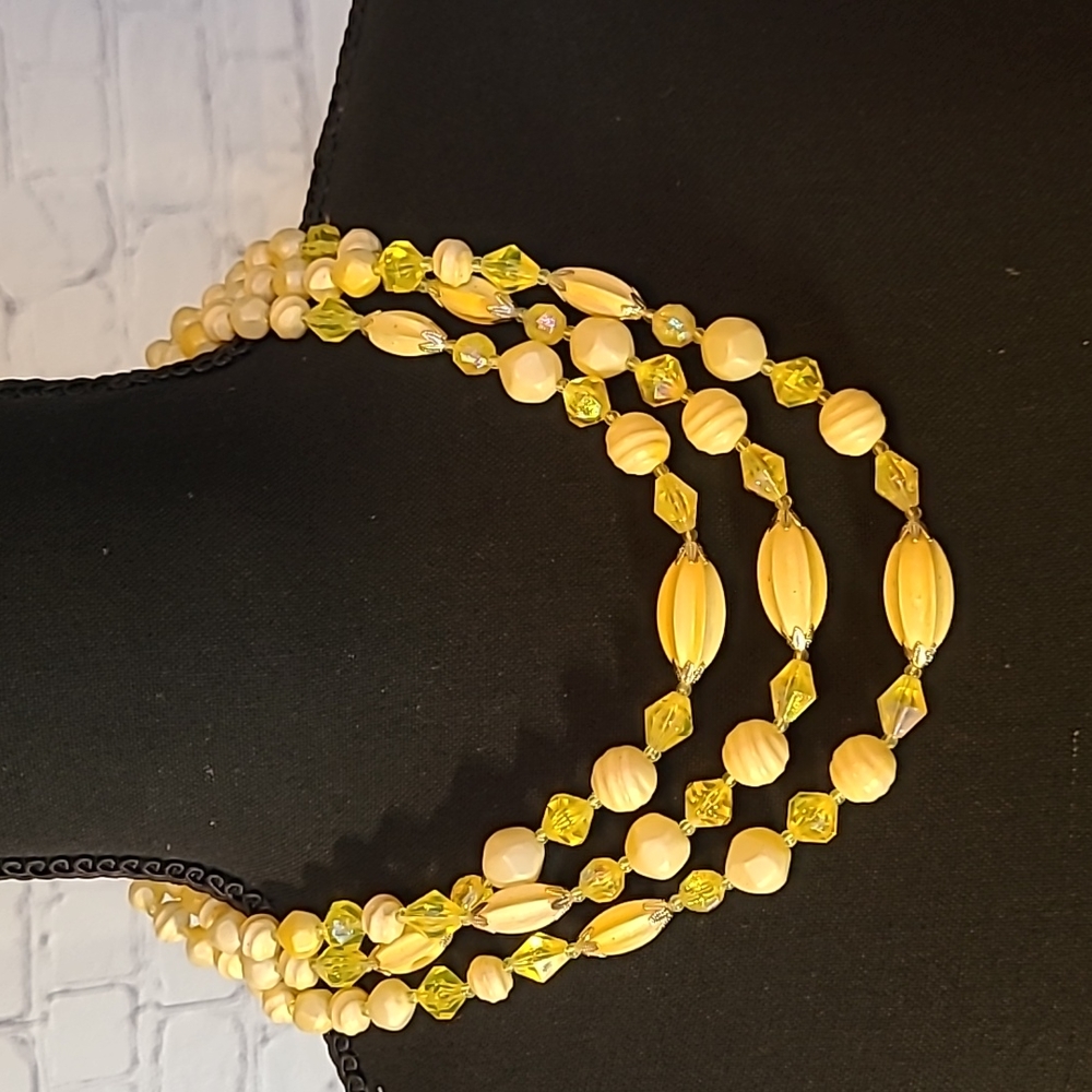 Vintage Pale Yellow and Translucent Plastic Bead Triple Tiered Costume Necklace